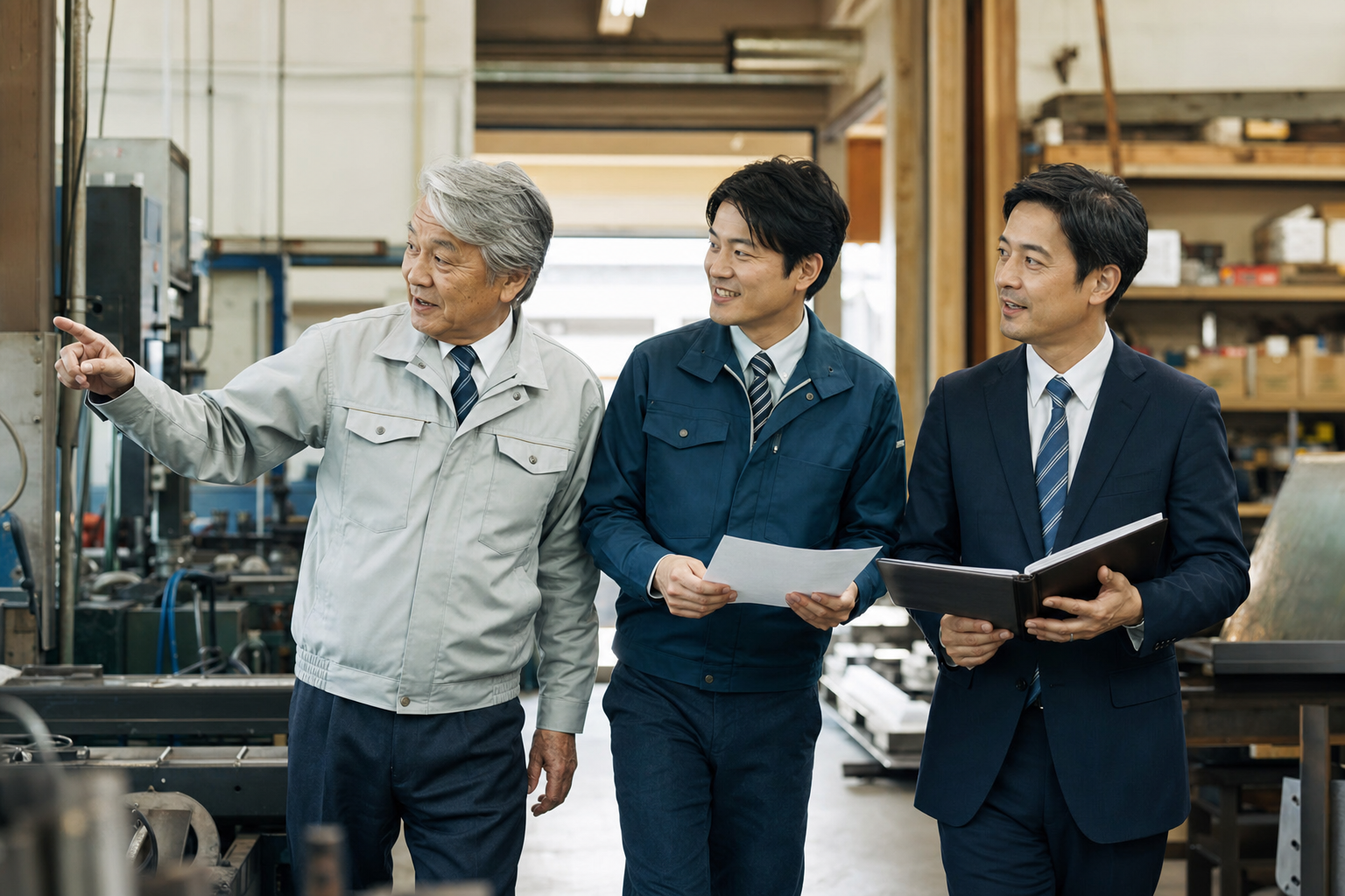 事業承継の現場確認をする経営者と後継候補