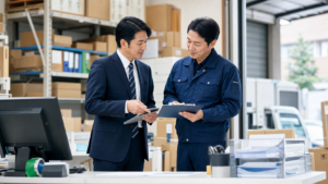 大田区の物流サービス事業で配送網と人材承継を検討する場面